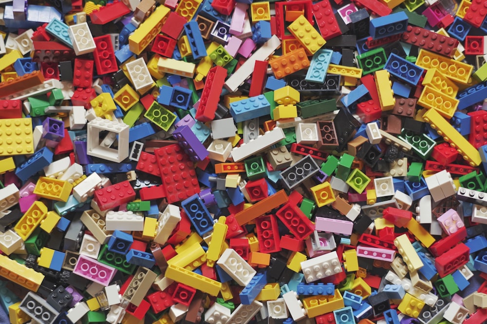 A wide spread of brightly coloured building bricks.